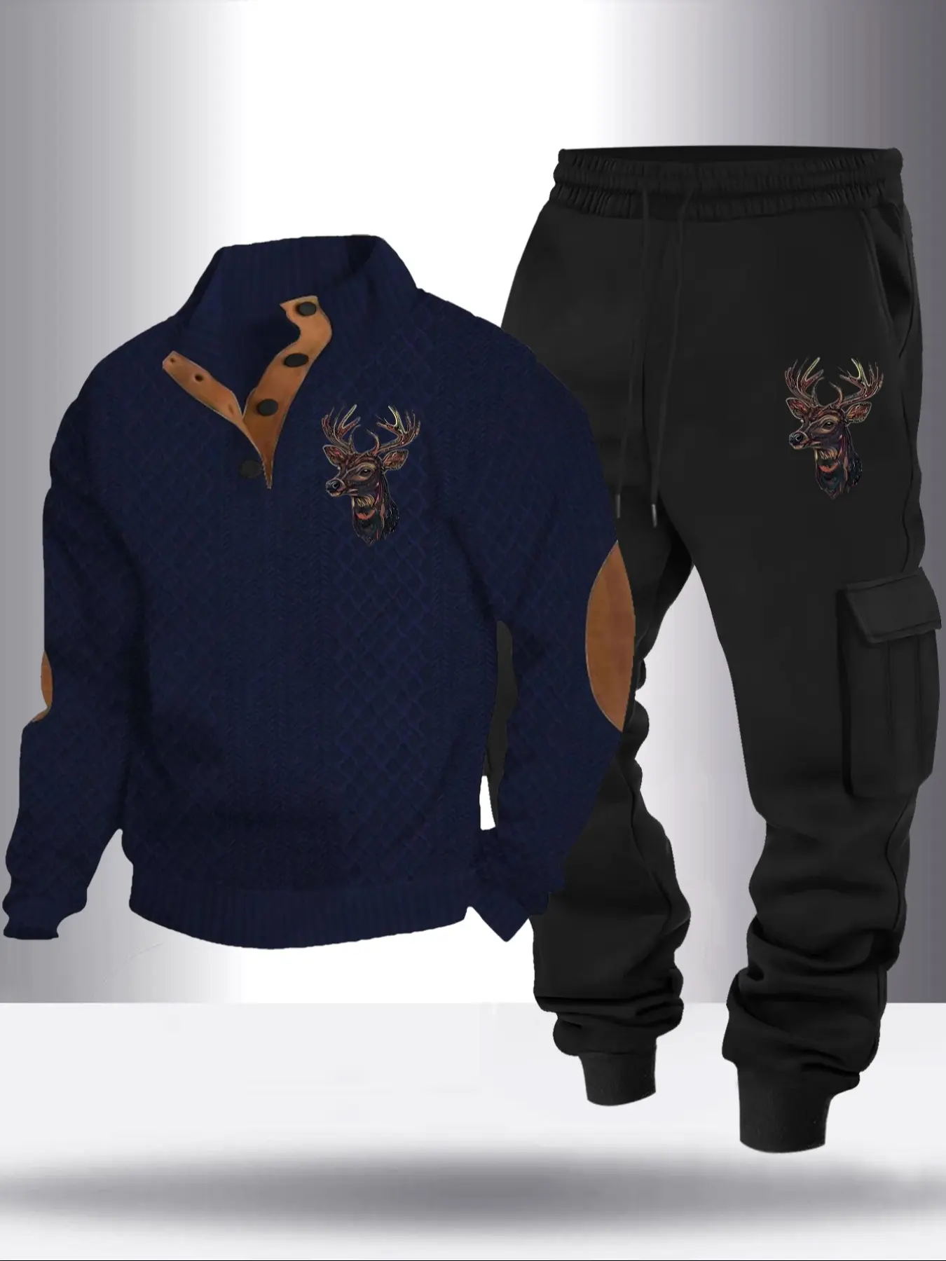 Men's Fall Winter Textured Knit Sweater Deer Print Casual Style Polo Button High Neck Drawstring Pocket Sport Pants Set of 2
