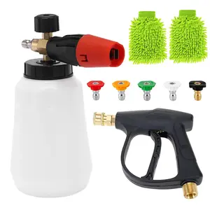 Car Cleaning Water Gun Foam Spray Can, Universal Nozzle Car Wash Set, 1/4 Inch Quick Connector, with 5 Washer Nozzle Tips, Glove Accessories