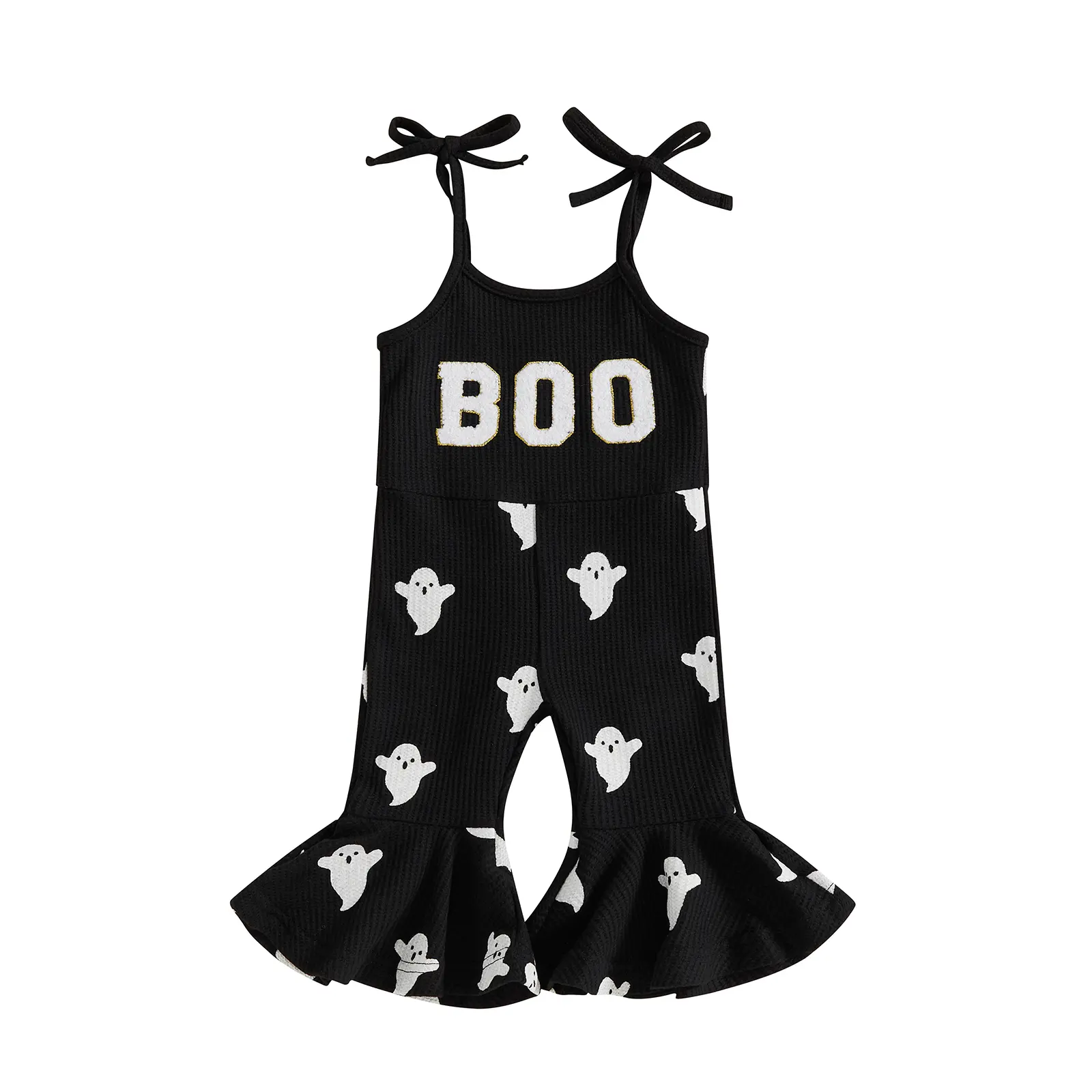 Ma&Baby Halloween Toddler Girl Bell Bottom Jumpsuit Boo Embroidery Ghost Print Romper Baby Spaghetti Straps Overalls Flare Pant Kid Playsuit