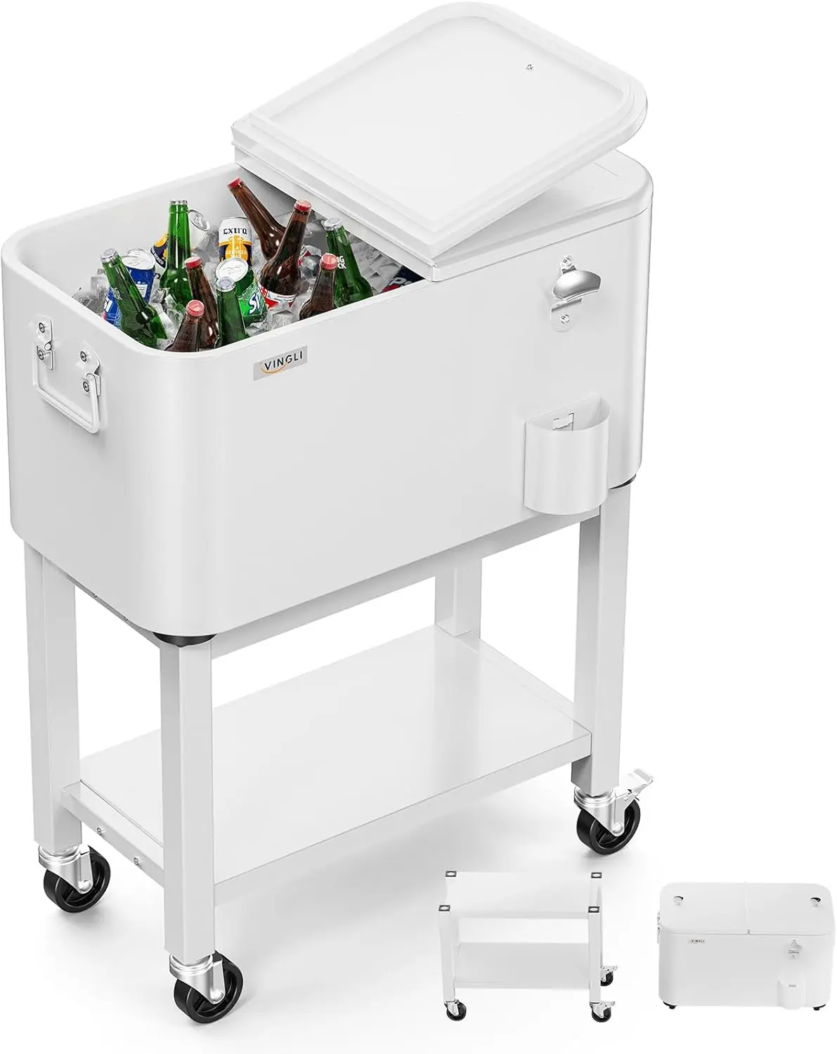 VINGLI Large 60QT Capacity Patio Cooler with Transport Wheels, Double Lid, Rolling Ice Chest, Portable Party Bar Drink Cart, Shelf, Bottle Opener and Water Pipe for Camping Outdoor Use, Rolling Wheels, Ice Retention Cooler, Wheeled, Patio Parties