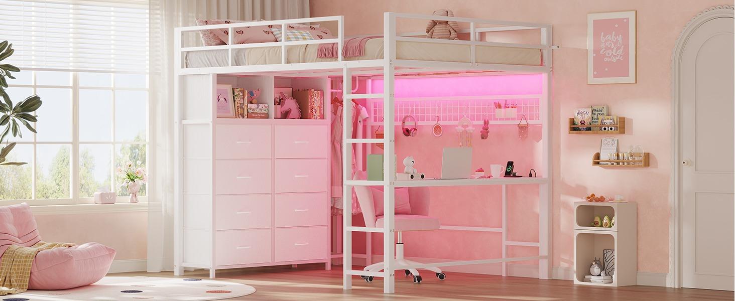 SIKAIC Full Size Loft Bed with Desk and 8 Storage Drawers, LED Metal Loft Bed Frame with Power Outlet, Shelves and Clothing Rack for Space Saving Bedroom