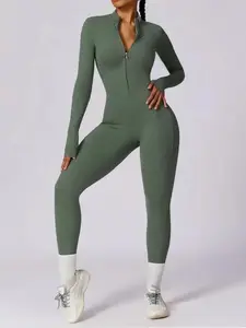 Women's Solid Zip Up Long Sleeve Coverage Sports Jumpsuit, Casual Sporty Comfy Secure Zipper Jumpsuit for Yoga Gym Workout, Compression Garment, Ladies Sportswear  Casual Sporty Jumpsuit for All Seasons, Dance Clothes, Tummy Control