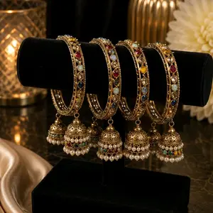 Multicolor Polki Bangles with Jhumki Accents for Women