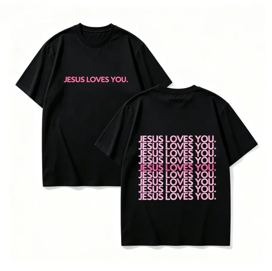 Unisex 100% Cotton Front & Back Print Jesus Loves You Pink Faith T-Shirt, Double Sided Religious Graphic Short Sleeve Tee For Men Women Faith Outfit