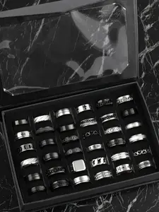 Men's Stainless Steel Ring Set, Punk Style, Polished, Sandblasted, Cross Line Texture, Chain Design, Casual Party Vacation Wear, Stackable Rings, Stacking Rings
