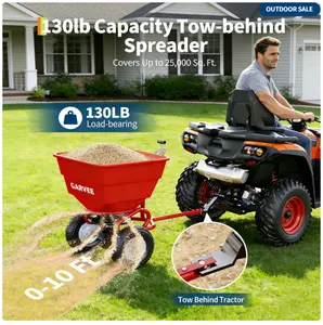 130 lbs Tow Behind Broadcast Spreader, Adjustable Flow Control & Up to 10 ft Spread Width, 10" Pneumatic Tires, Rust-Resistant Poly Hopper, Steel Frame for Lawn, Seed, Fertilizer & Salt