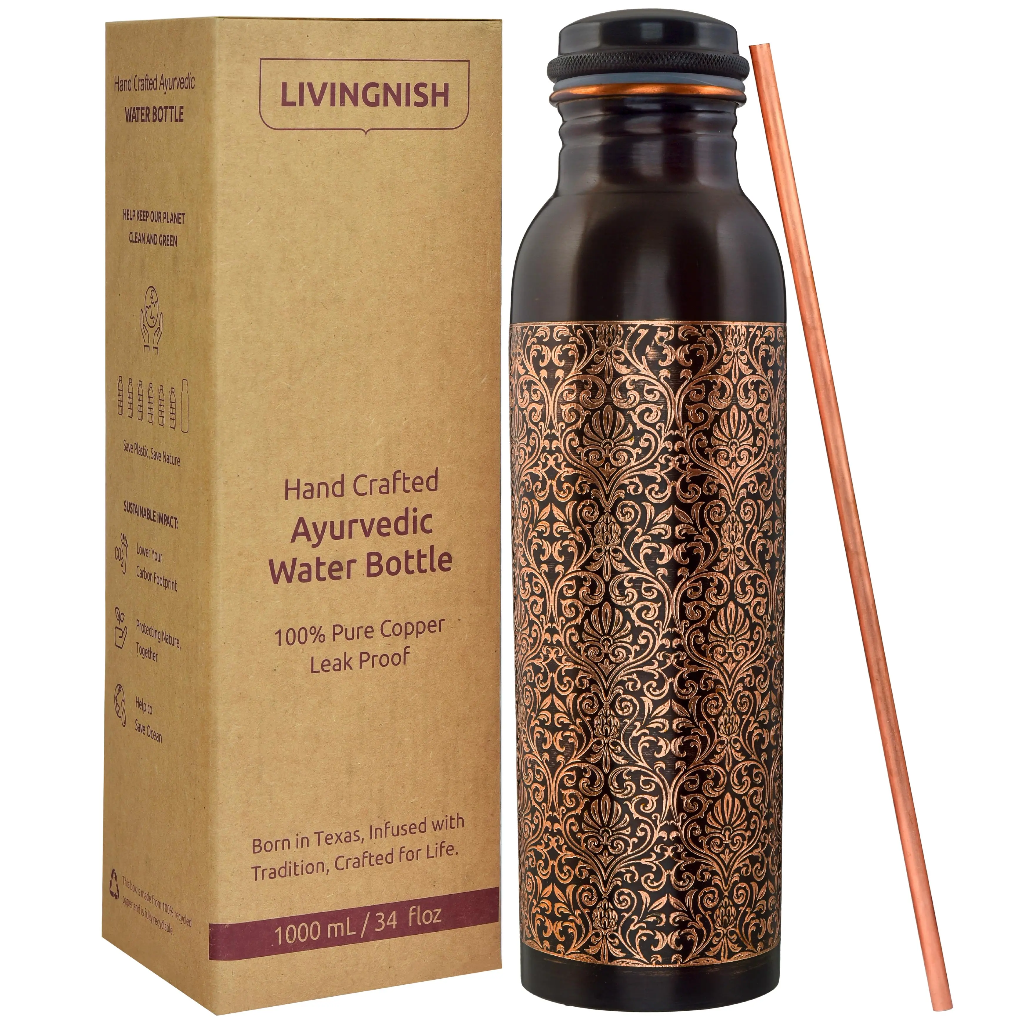 100% Pure Ayurvedic Antique Copper Water Bottle