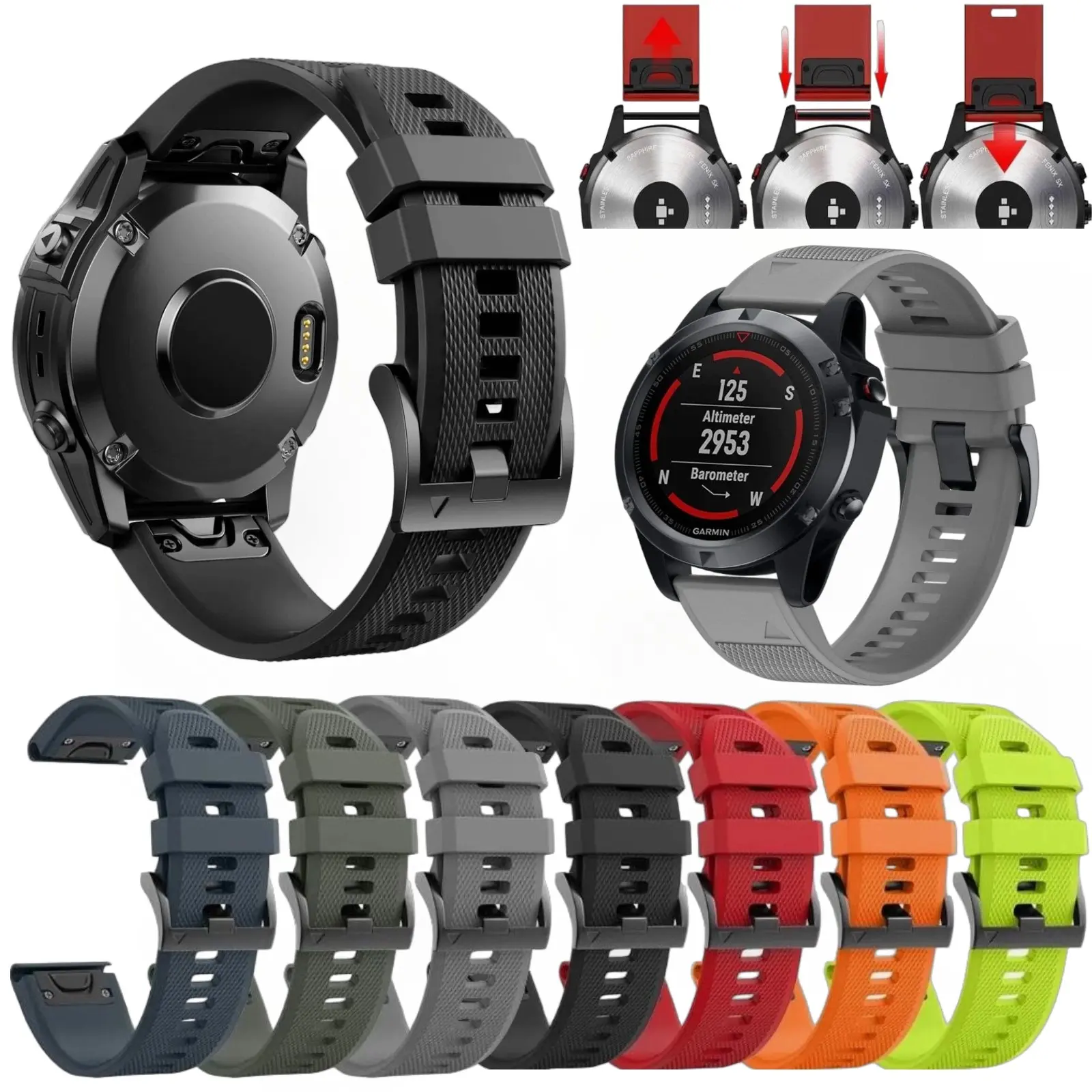 Quick-Fit Release Rubber Silicone Watch Strap for Garmin GPS Smartwatches (Fenix 8,5S,7X,6 Pro; Forerunner 6) - 20mm-22mm/26mm, Moderate Softness Sporty Unisex Replacement Band for AMOLED Wearables, No Battery Needed
