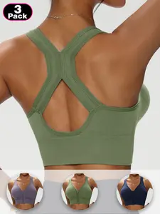 3Pack Women's Cross Back Stretch Sports Bra Set, Front Zipper, Medium Support, Plungé Cup, Casual Style, Suitable for Yoga and Gym Workout, Yoga Workout Activewear, Yoga Clothes