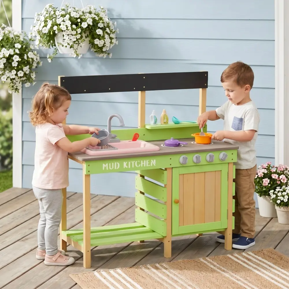 Wooden Mud Kitchen for Kids Outdoor, Kids Play Kitchen with Water Sink, Faucet, Stoves and Blackboard, Backyard Sensory Play Toy Cooking Playset for Toddlers Boys Girls Ages 3+, Green