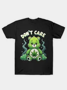 Greenbearweed 987GH Unisex 220GSM Cotton T-Shirt - Black "Don't Care" Graphic Print with Green Bear & Leaves, Soft Breathable Regular Fit Crew Neck Tee for Men & Women, Machine Washable Casual Summer Top