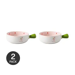 KAWASIMAYA Strawberry Series Ceramic Handled Bowl 6"*2 Serving Set Sturdy Tableware Multicolor