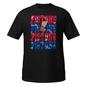 Crewneck Short-Sleeve T-Shirt – Basketball-Themed Repeated Bold Typography Graphic with Red & Blue Text, Basketball & Lightning Accents – Sporty Casual Daily Top for Hoops Fans