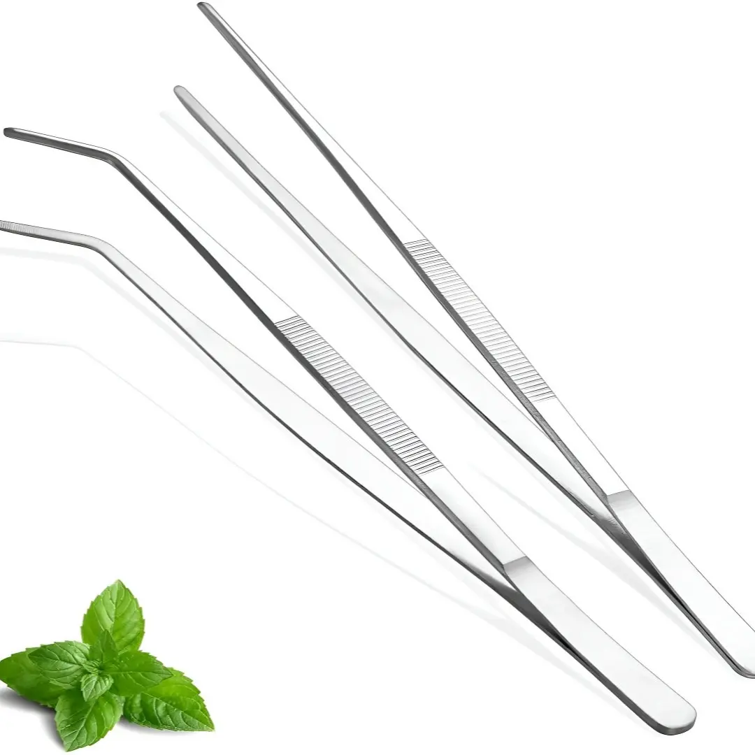[New Deal] 1/2Pcs Kitchen Tweezers Tongs, Long Handle Food Grippers for Cooking and Plating, Stainless Steel Culinary Tongs & BBQ Clamps, Barbecue Utensils, Non-Slip Handle, Kitchenware -(12-Inch Round Head + 12-Inch Bent Head Combination)