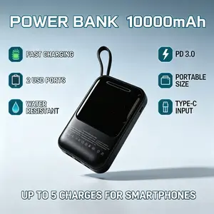 YXX14 10000mAh Mini Portable Charger with Built-in Cable, Fast-Charging External Battery Pack, LED Digital Display, Compact Design & Lanyard  for iPhone, Samsung Phones (Travel, Daily Use)