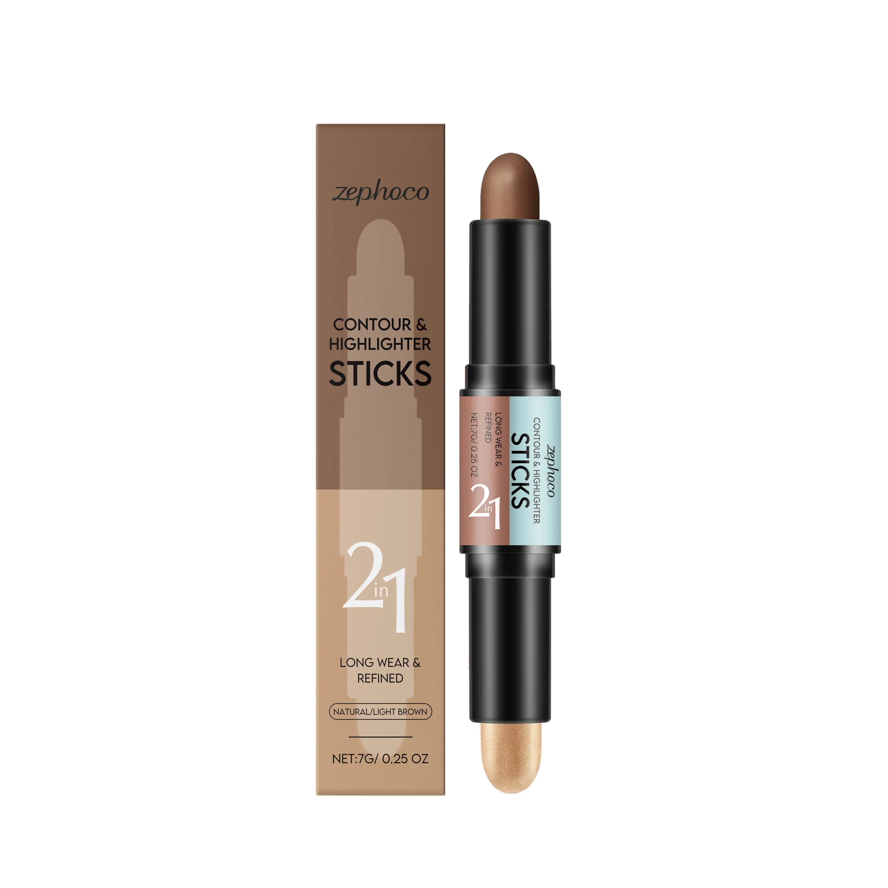 2-in-1 Contour Stick and Creamy Highlighters Makeup, Double-Head Bronzer Balm for Face Sculpting, Light Coffee Shade, Contour Face Stick, Mineral Oil Base
