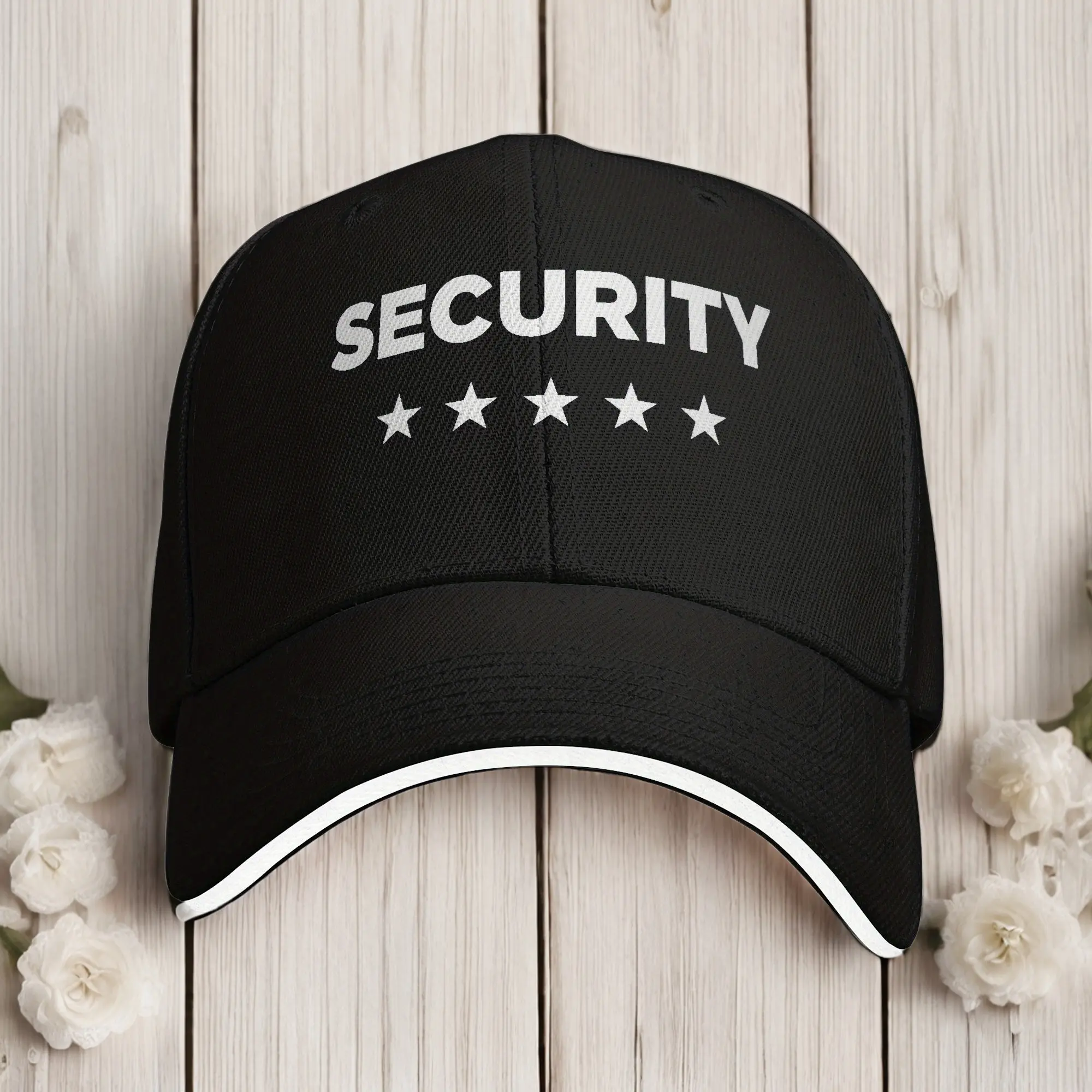 Unisex UV Protection Synthetic Polyester Snapback Cap - Black Security Print, White Trim, 1 Size, Adults Casual Trucker Hat for Hunting, Hiking Fashion Accessory, One Size, Outdoor Wear