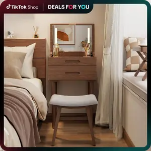 【HOT】Small Space Vanity Desk, 100% Solid Wood Makeup Table, Flip-Top Mirror with Lights, Space-Saving Makeup Table with Drawers, Adjustable Brightness, Elegant & Functional Vanity, Narrow Space Available