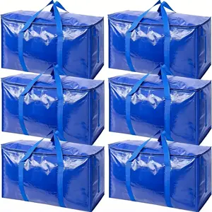 6 Pack Large Capacity Storage Bags, Waterproof Storage Totes for Road Trip Camping Luggage, Heavy Duty Organizer Bags for Attic Garage Organization, Thick Reusable Comforter Blanket Clothes Storage Box, Foldable Space Saving Bins for Home, Black/Blue