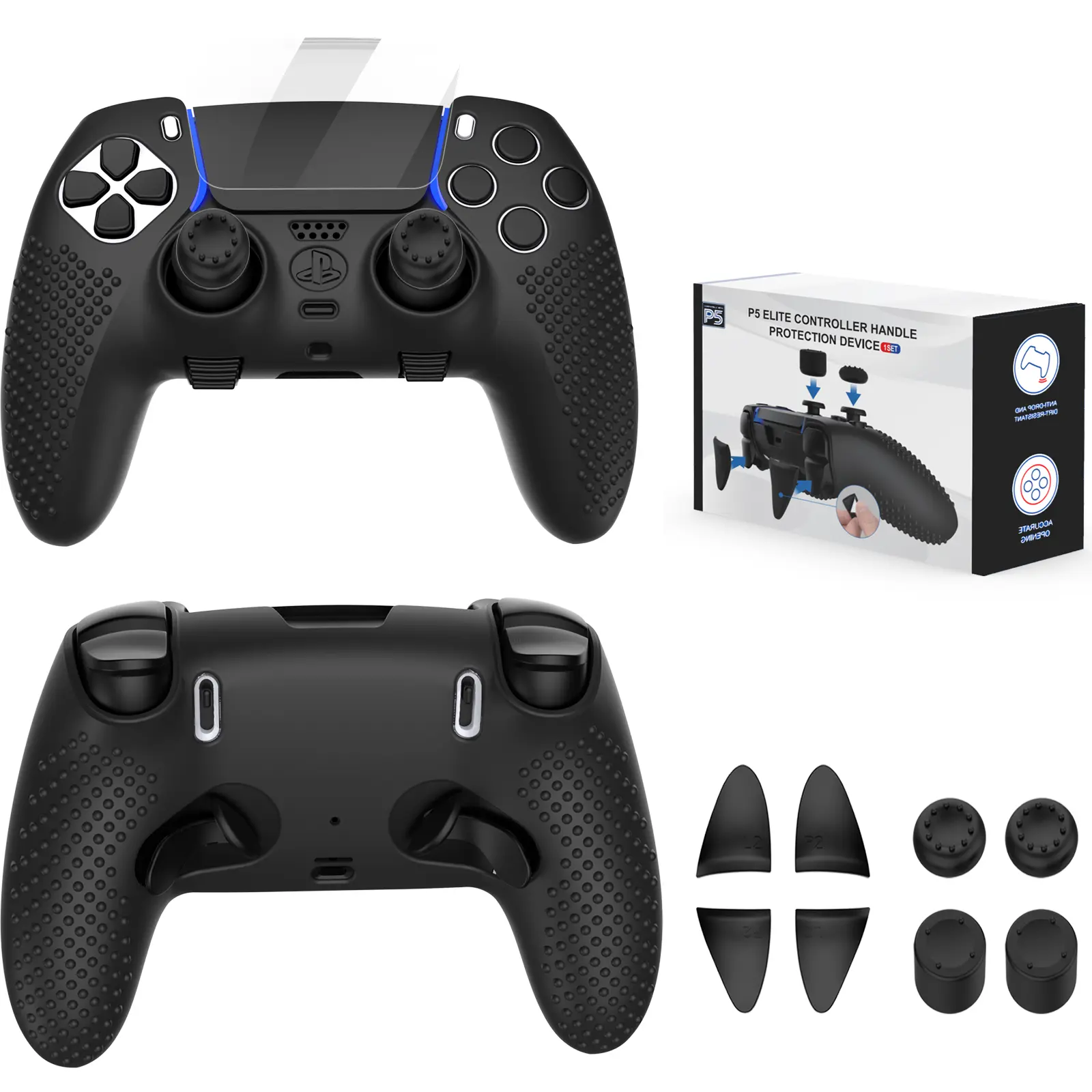Anti-Slip Cover for PS5 Controller, Accessories for PS5 Controller Including Skin for DualSense Edge, Thumb Caps, Triggers Extenders, and Touchpad Sticker