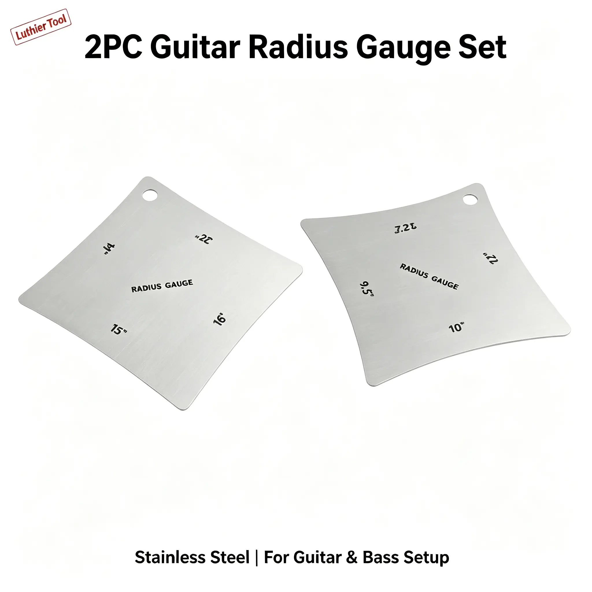 Stainless Steel Fretboard Radius Gauge Set, 2Pcs Multi Radius Measuring Tool - Lutherie Tools for Electric Acoustic Guitar & Bass Luthier Setup, Flat Metal