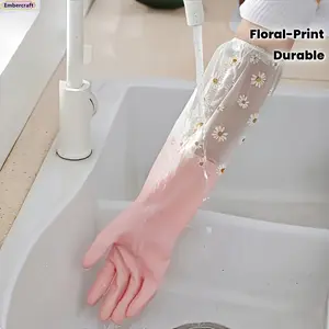 Women's Floral Fashion Gloves - Waterproof Rubber Durable Flexible Resistant Reusable Dishwashing Gloves, Cute Flower Design Household Essentials for Kitchen Dishes & Bathroom Cleaning, Durable Cleaning Gloves