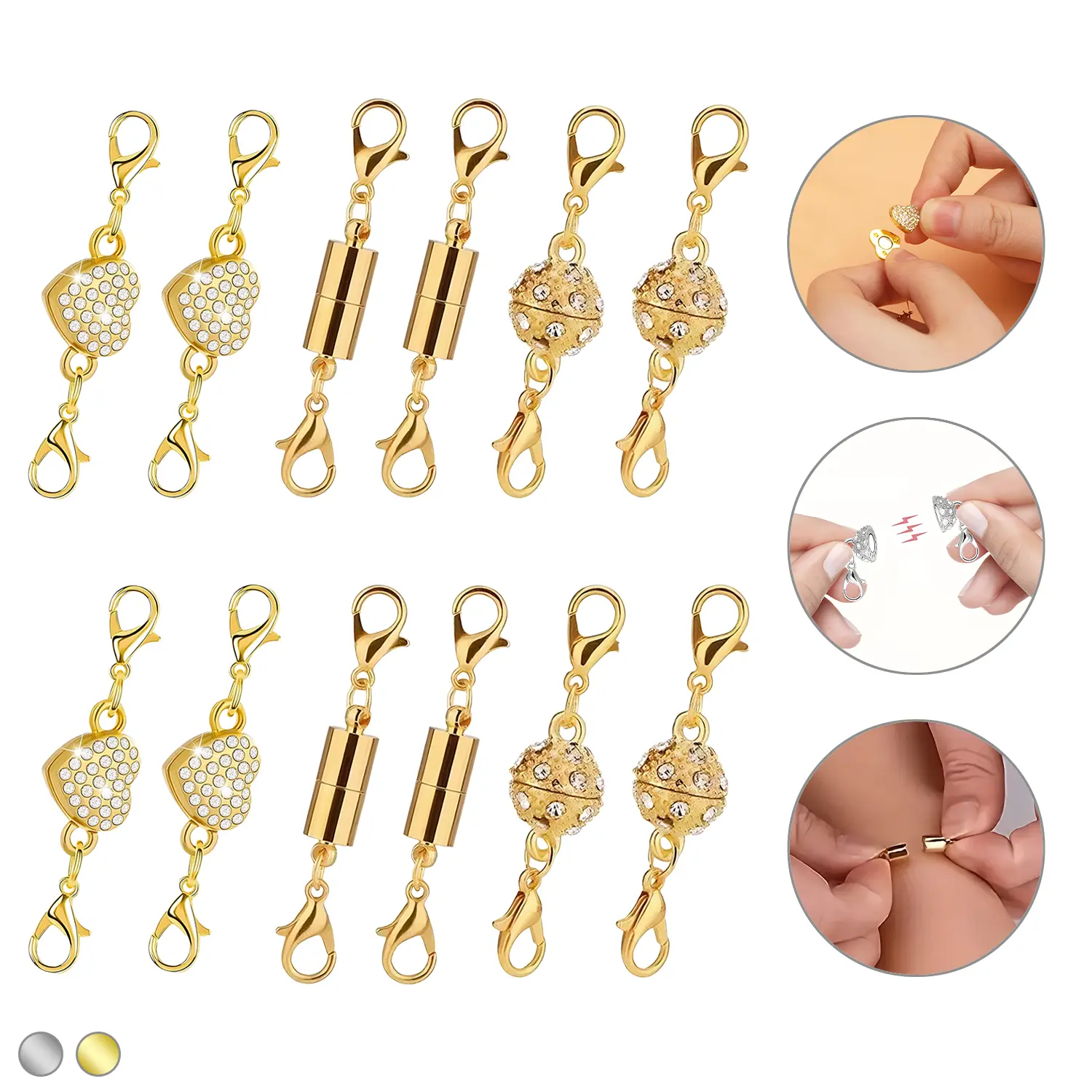 Women's 12-Pack Metal Magnetic Necklace Clasps & Closures, Gold/Silver Plated Stainless Steel Jewelry Extender, Easy Converter with Lobster Clasp for Jewelry Making, Rhinestone Charm Gift