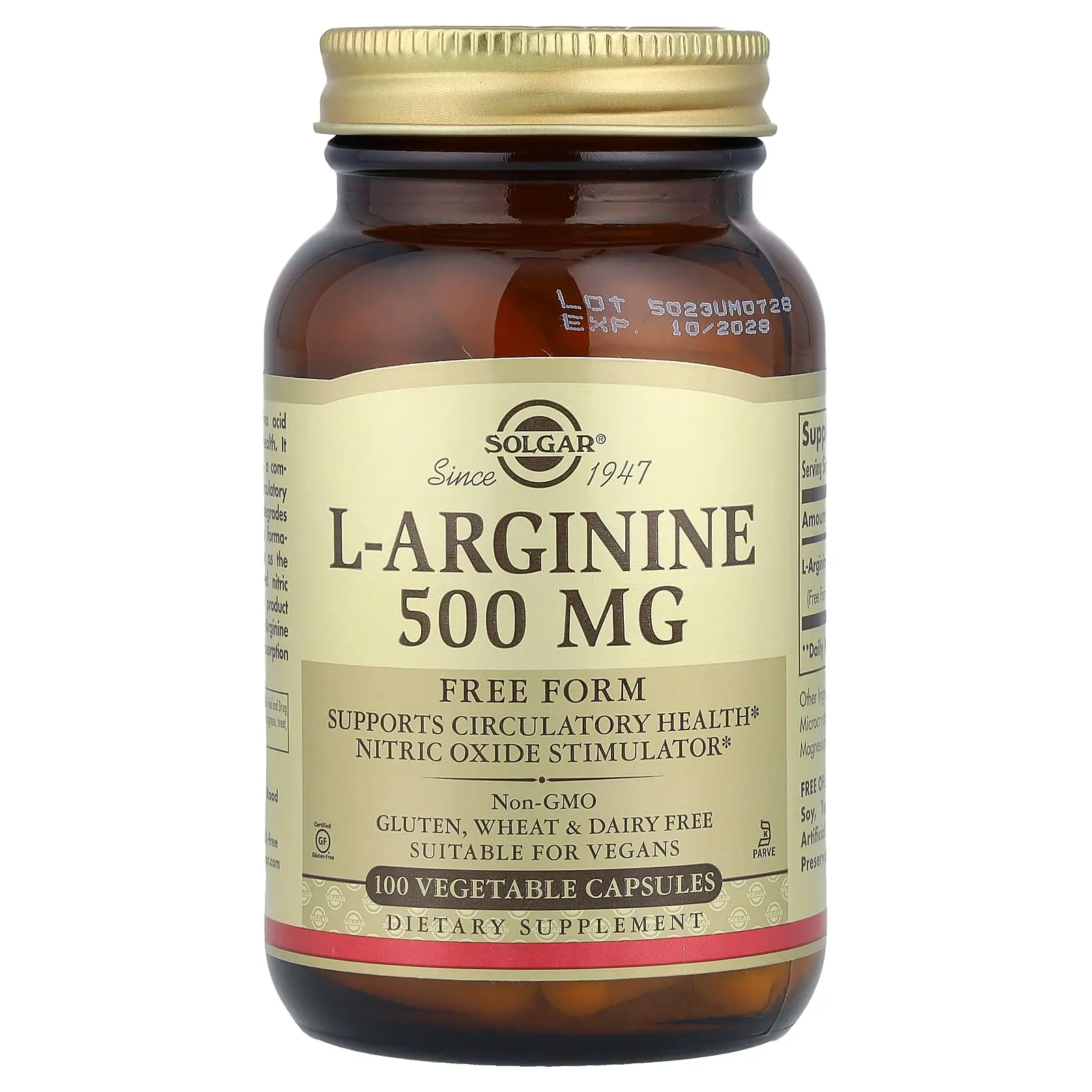 Solgar L-Arginine, 500 mg, 100 Vegetable Capsules