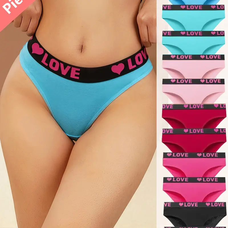 Women's 12pcs Mix Colors Alphabet Print Mid-Rise Cheeky Briefs - Wide Elastic Waistband, Comfortable Breathable Cotton-Origin Knit Fabric, Colorblock Contrast Binding Underwear for Activewear Sportswear Athletic Use