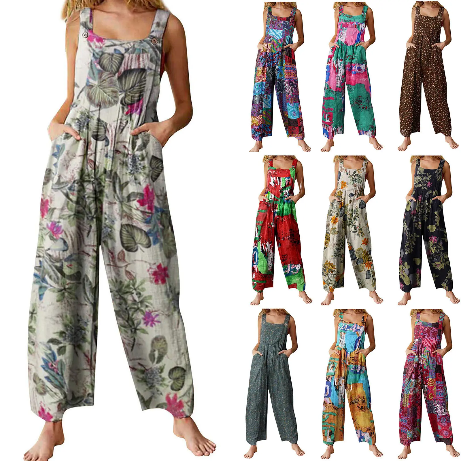 Women's Boho Wide Leg Jumpsuit with Pockets | Casual Loose Floral Overalls Women Casual Loose Wide Leg Overalls Floral Sleeveless Jumpsuit Baggy Rompers with Pockets