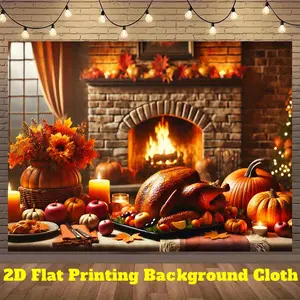 2D Flat, 1pc Thanksgiving Dinner Polyester Backdrop Banner - Vibrant Autumn Harvest Scene with Roast Turkey, Pumpkins & Fall Foliage, Perfect for Indoor/Outdoor Holiday Decor, Photo Shoots, Parties & Live Streaming, Thanksgiving Decorations, 2D Flat