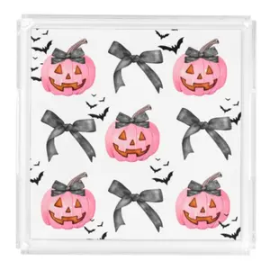Thomas and Lee Co Acrylic Serving Tray - FALL COLLECTION - Pumpkins Bows + Bats - Clear & Stylish - Interchangeable Insert - BPA Free - Small 8.5"x11"
