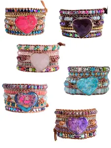 Bohemian Style Natural Stone Heart Shape Wrap Bracelet Handmade, Ideal Valentine's Day Gift, Daily Wear Jewelry