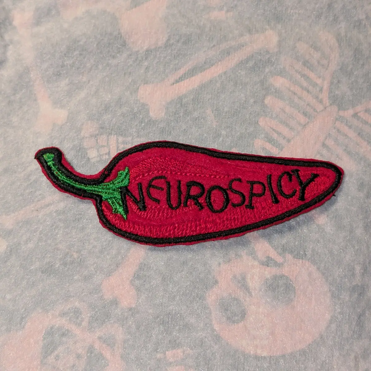 Neurospicy Pepper Patch - Red Pepper Design with Black, Green and Red Embroidery, Ideal for Personalizing Clothing and Accessories