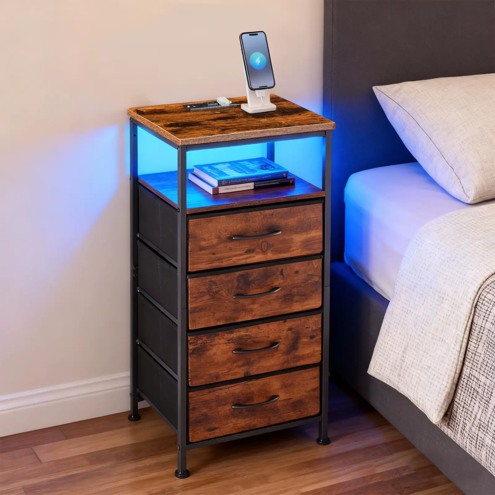 AuraHome Smart Corner Cabinet - 4 Deep Drawers, Right Angle Design, Adjustable 4-Port Power Hub (USB+AC+Type-C Outlets), LED Light Kit, Variable RGB LED Strip, Steel Frame, Space-Saving Modern Small Space Nightstand Organizer