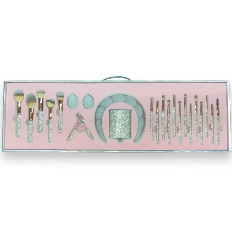 RHINESTONE BRUSH SET - Sparkling Cosmetic Brushes with Glitter Accents and Elegant Design Elements Pink Red Silver