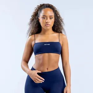 DFYNE Defy Strappy Sports Bra - Seamless Sculpting Bra with Cross-Back Design & Medium Support for Women Navy Blue Yoga Activewear Compression Athletic Fitted Workout Ribbed