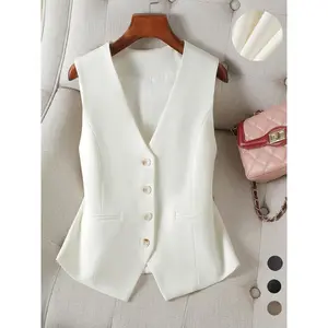 Women's solid color button front pocket V-neck suit vest, elegant sleeveless work suit vest, women's spring and autumn wear, business wearRAIMENTRY