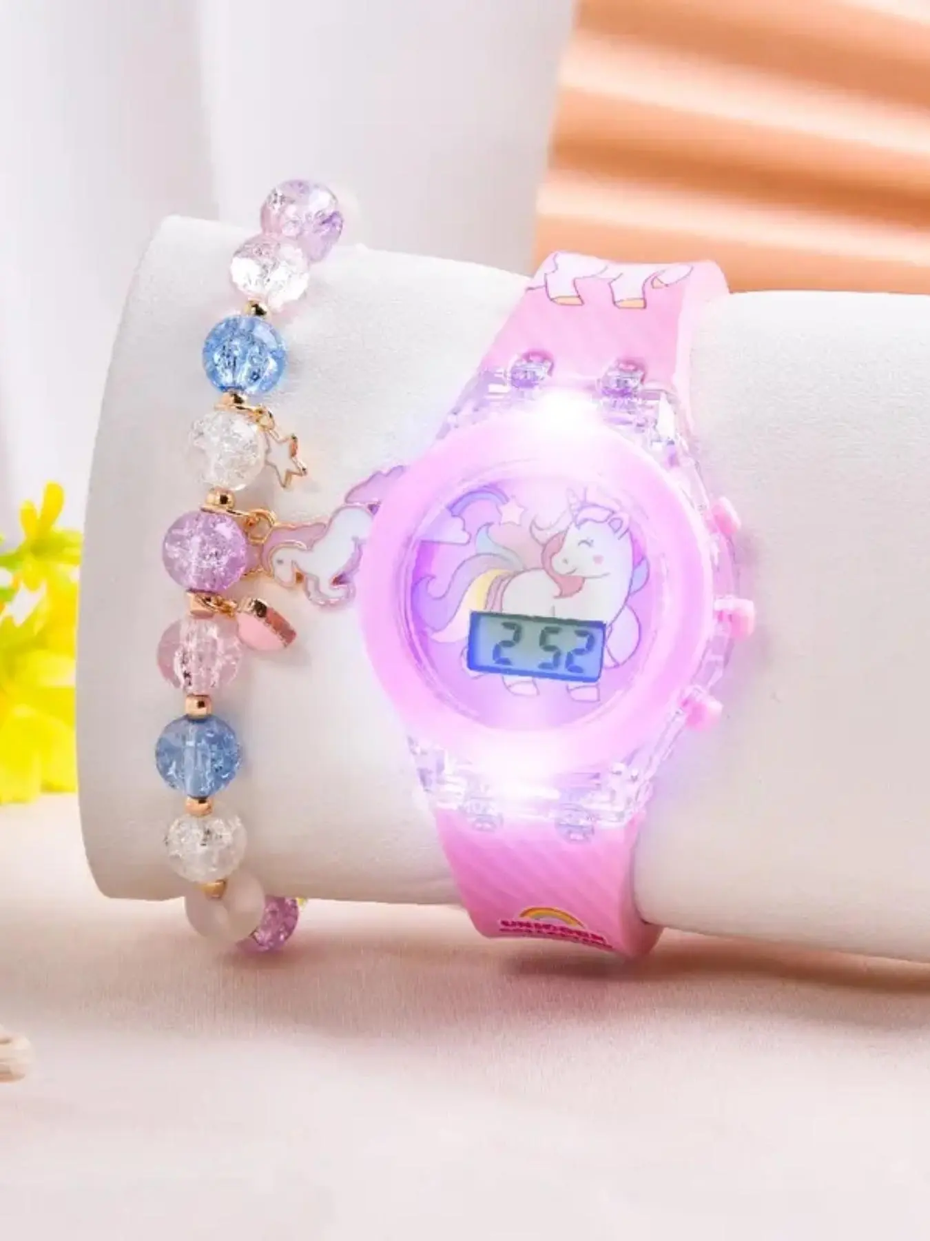 Cute Cartoon Unicorn Pattern Wrist Watch & Beaded Bracelet Set, Fashionable Girly Electronic Watch Set for Women & Girls, Trendy All-match & Exquisite Watch Set for Birthday Gift Stylish Watch