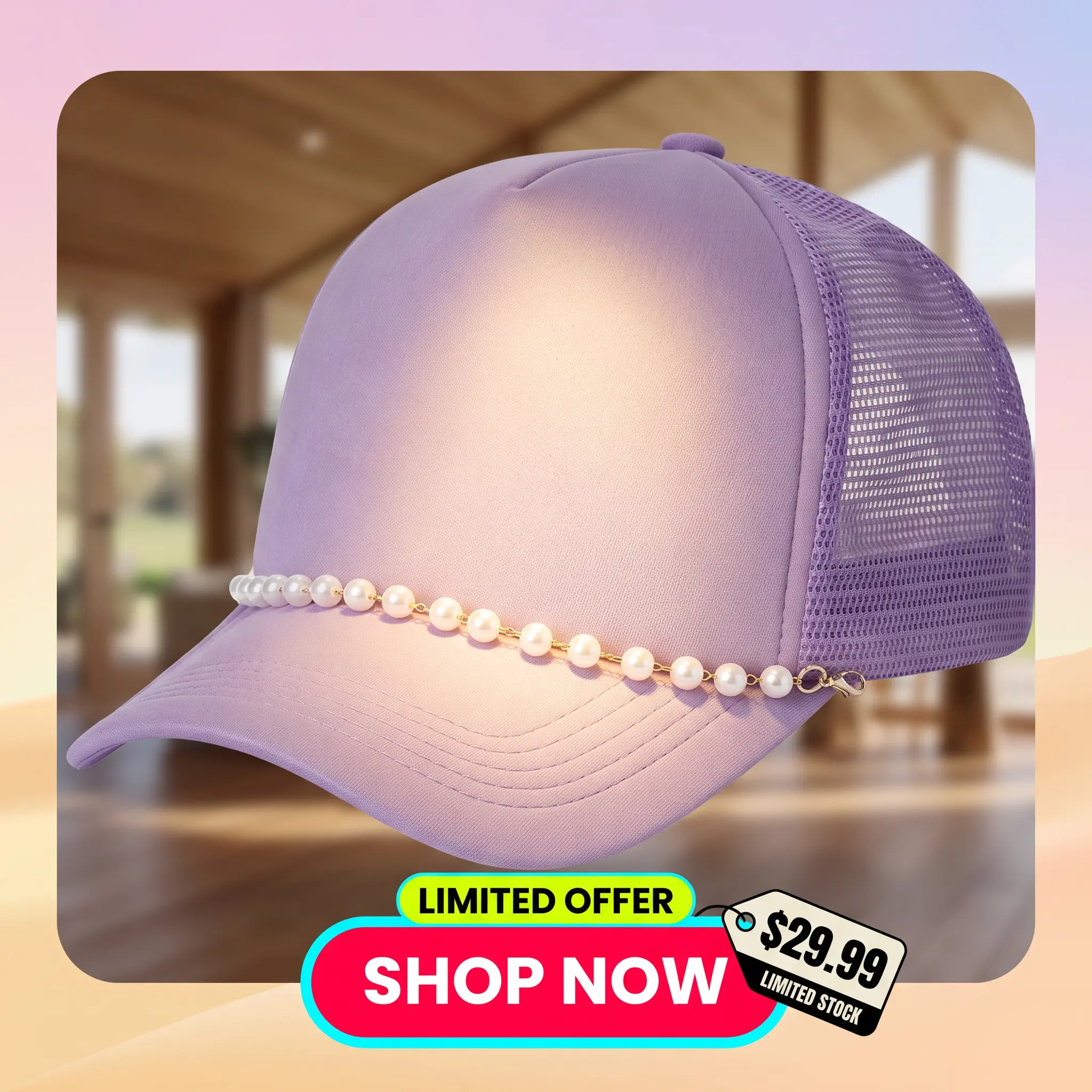 Foam Front Mesh Back Trucker Hat, Detachable Pearl Chain Decor Curved Brim Baseball Cap, Adjustable Breathable Women Headwear, Chic Fashion Accessory For Beach Vacation Travel Outdoor Daily Street Casual Outfits