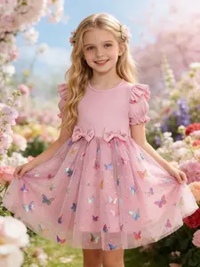 Sweet Style Girls' Dress, Flutter Sleeve Bow Design, Summer Mesh Princess Dress, Cute Floral Pattern, Slim-Fitting, Perfect for Kids