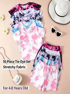 10-Piece Girls' Casual Tie-Dye Short Sleeve Shorts Set, Comfortable Daily Wear for Ages 4-8, Perfect Gift for Daughters