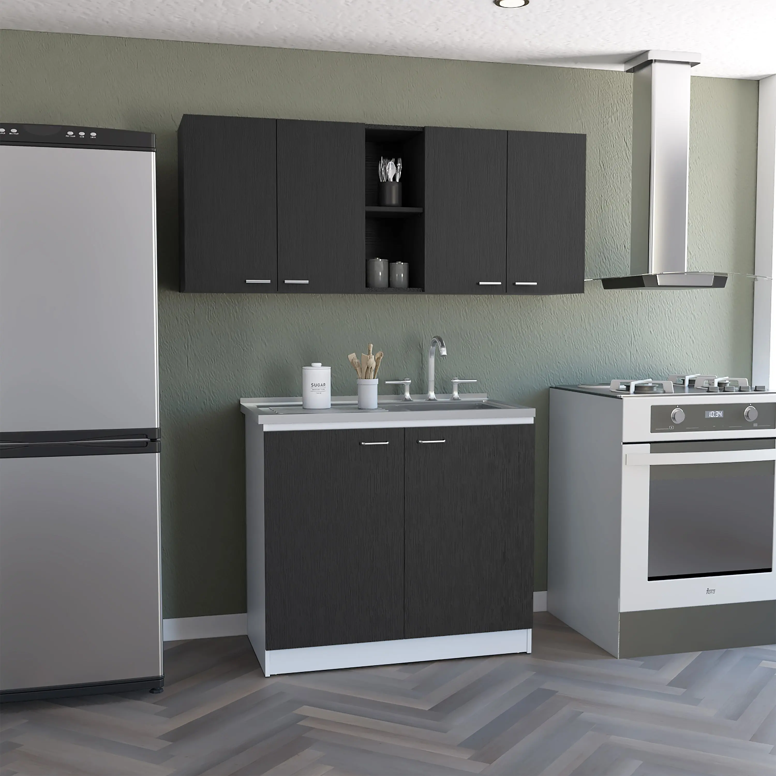 Dreamzon Furniture High-Quality Wood Kitchen Storage Cabinet Set - 150cm Floating Modern Wall-Mount Cabinet with Utility Sink, Pre-Drilled Holes, Minimal Interior Organization, Durable Black/White Finish, Assembly Required, High-Quality Materials