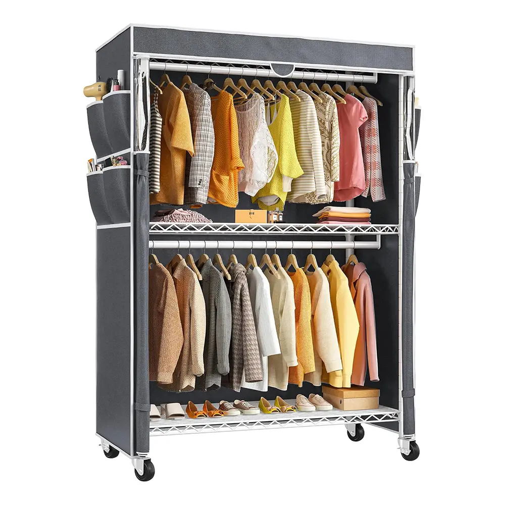 Rolling Clothing Rack with Cover  440LBS Loads Heavy Duty Clothes Racks for Hanging Clothes with Wheels & Adjustable Feet Portable, Garment Rack with Shelves, Coat Rack Freestanding Wardrobe Closet Rack