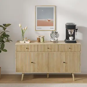 Buffet Sideboard Cabinet, Modern Farmhouse Coffee Bar with 3 Drawers 4 Doors with Shelf for Kitchen, Dining Room, Living Room, Entryway storage  cabinets Furniture Home Aesthetic Interior