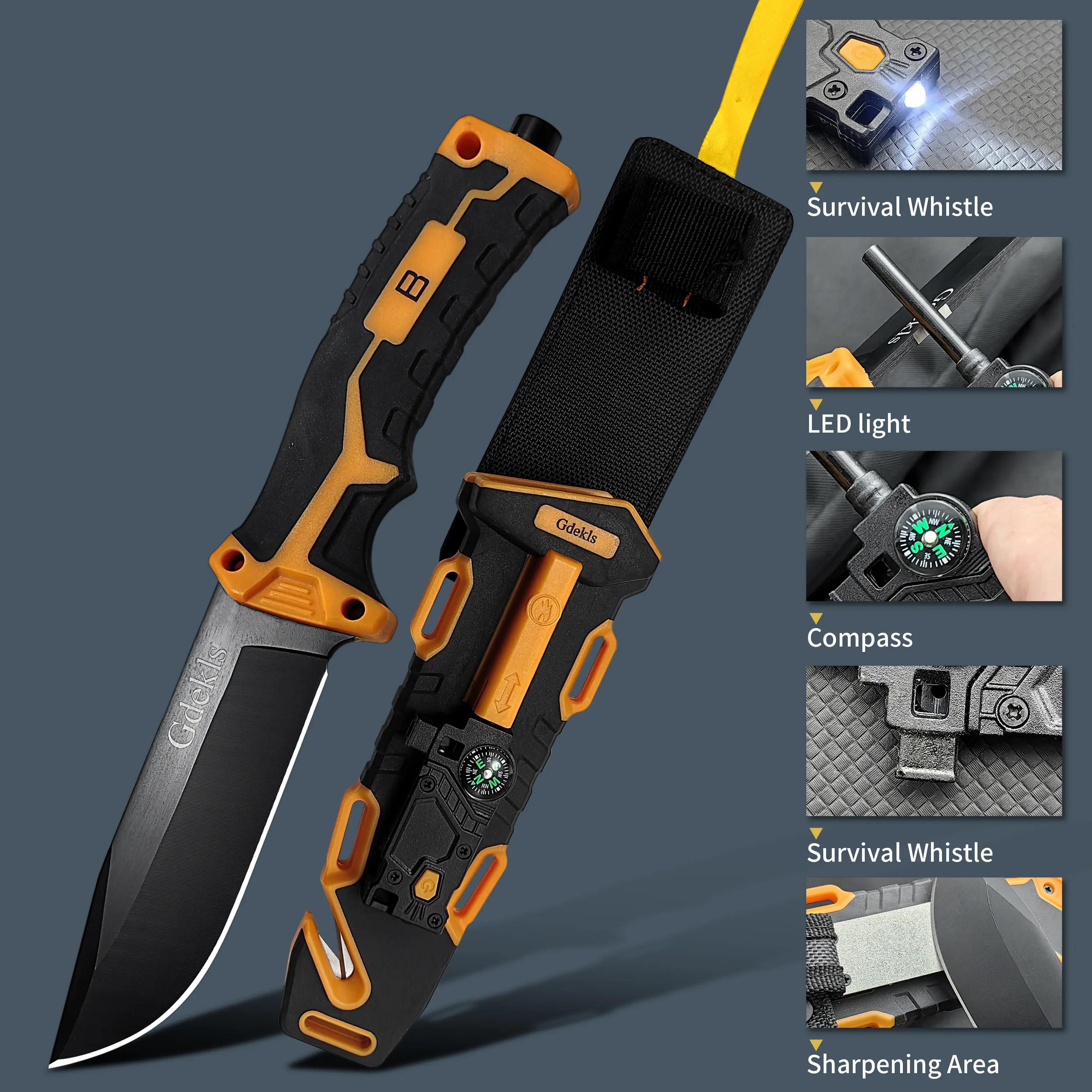 Matte Black Outdoor Emergency Multi-Functional Cutlery & Camping Tool Set for Camping Survival - Includes Adventure Knife, Fishing Rod, First Aid Blanket, Compass, LED Light, Saw, Scissors