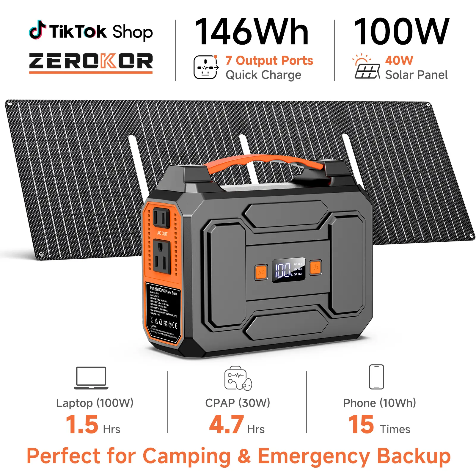 Rechargeable Portable Power Station 146Wh 100W with 40W Portable Solar Panel, 110V AC Outlet, High-Capacity Lithium Battery for Camping & Home Emergency Use, Portable Solar Panels, Rechargeable Power Station