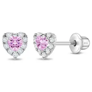 Princess Heart CZ Baby / Toddler / Kids Earrings Screw Back - Sterling Silver
