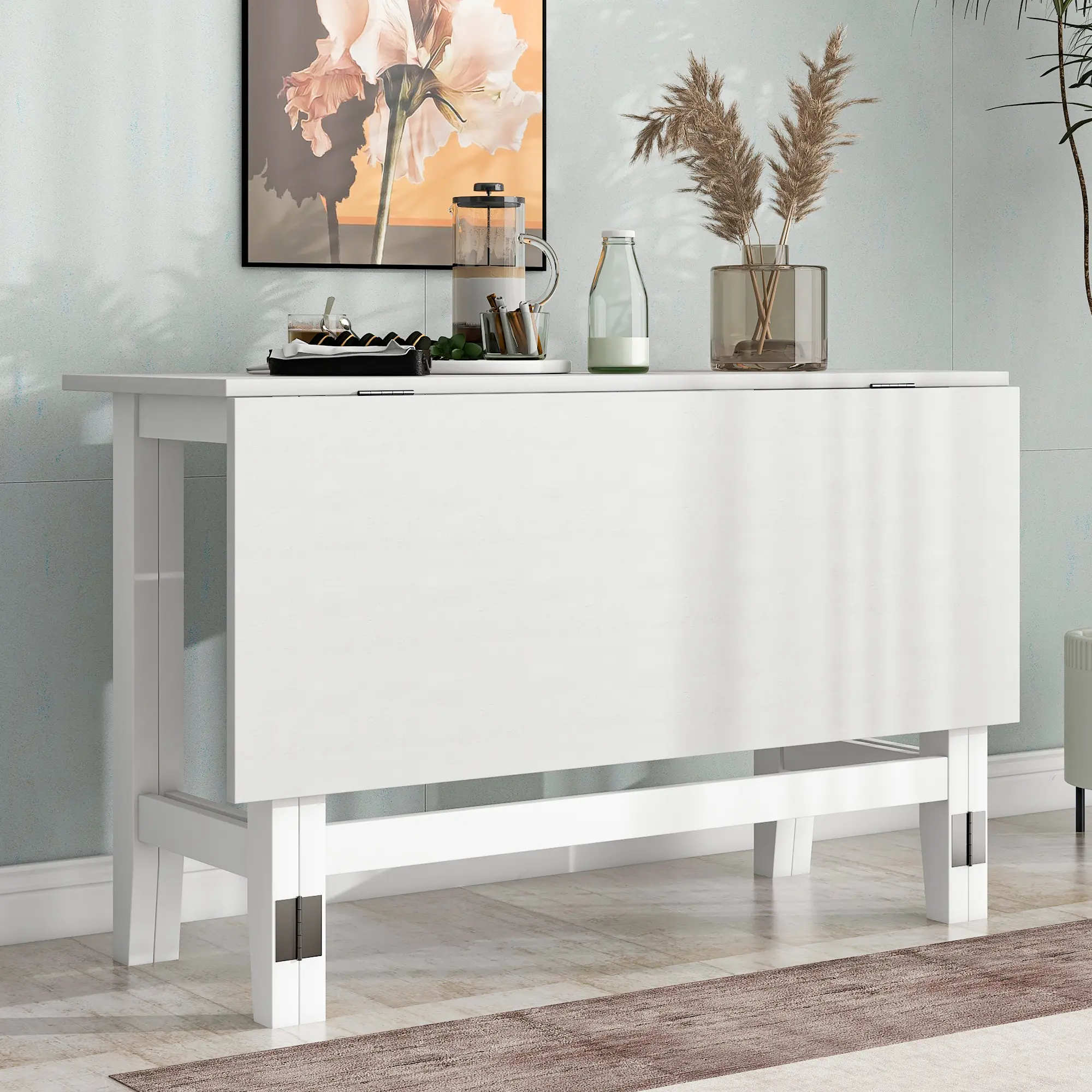Farmhouse Wood Extendable Dining Table with Drop Leaf for Small Places - Classical White Top, 4 Seating Capacity, Solid Wood Construction, Rustic Texture, 47x18x30 Inches