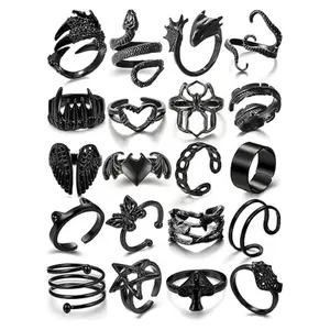 Black Gothic Rings Set 20–30PCS – Punk Snake, Butterfly & Star Stacking Rings